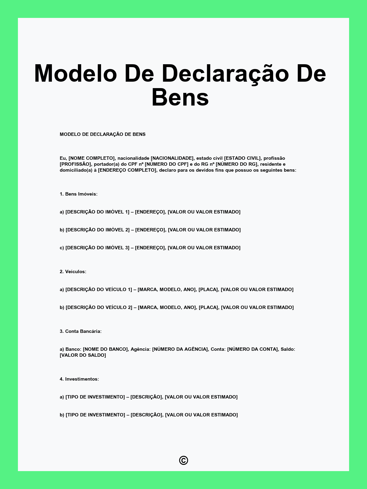 Modelo De Declaração De Bens