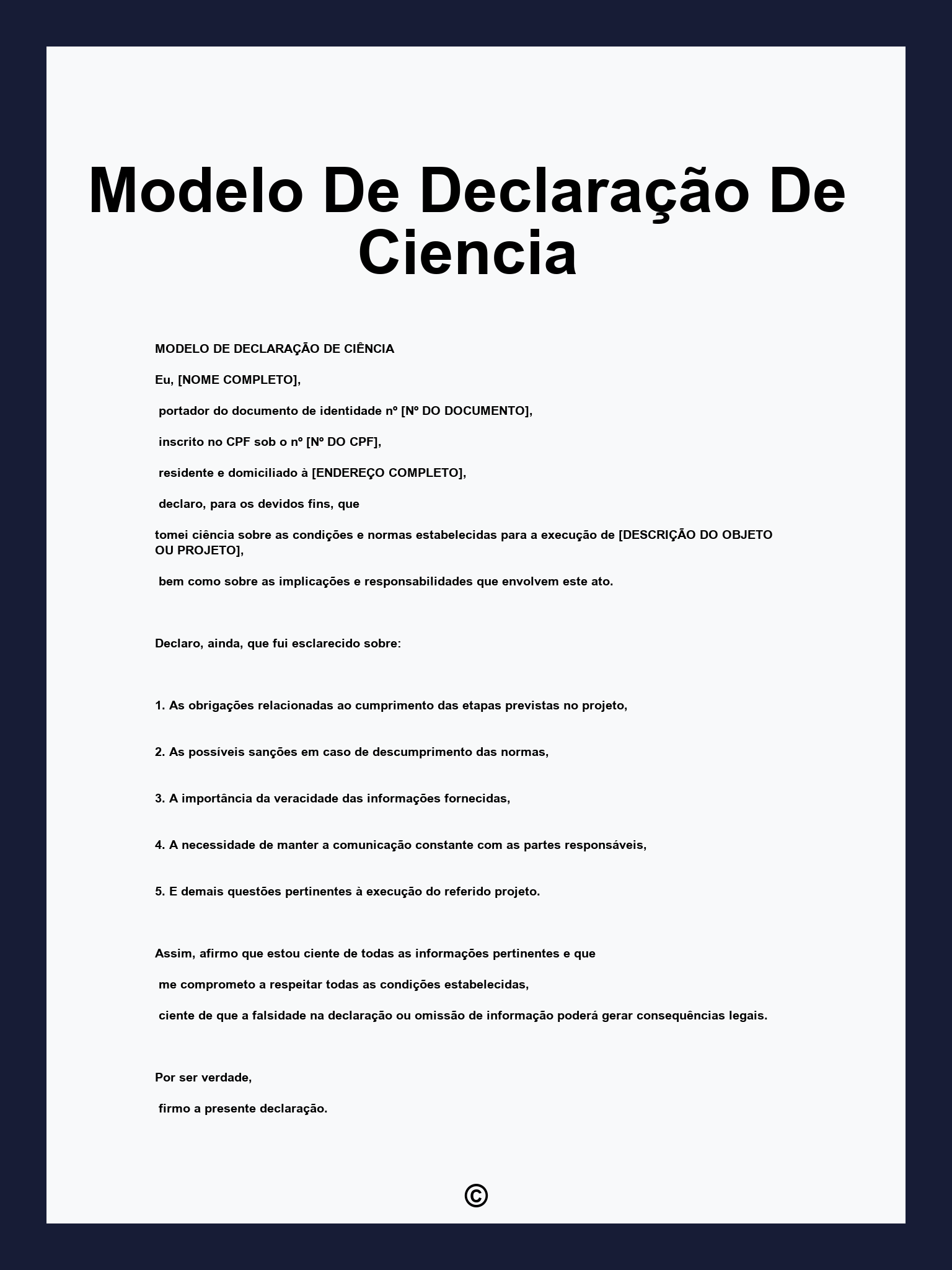 Modelo De Declaração De Ciencia
