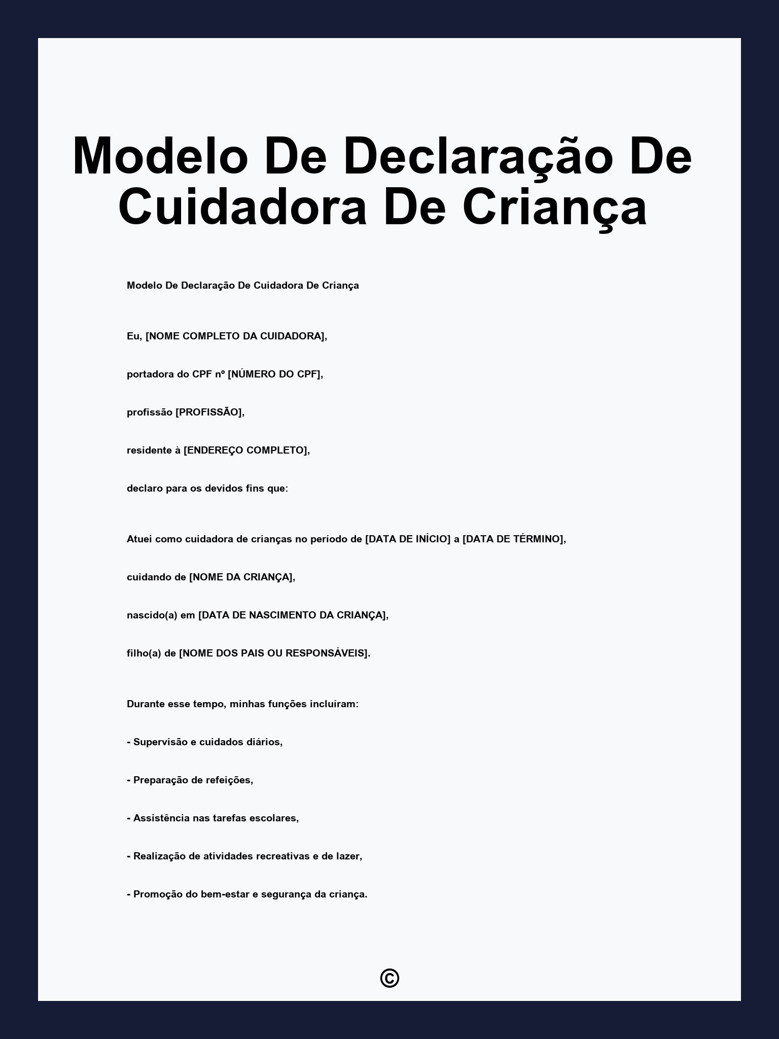 Modelo De Declaração De Cuidadora De Criança
