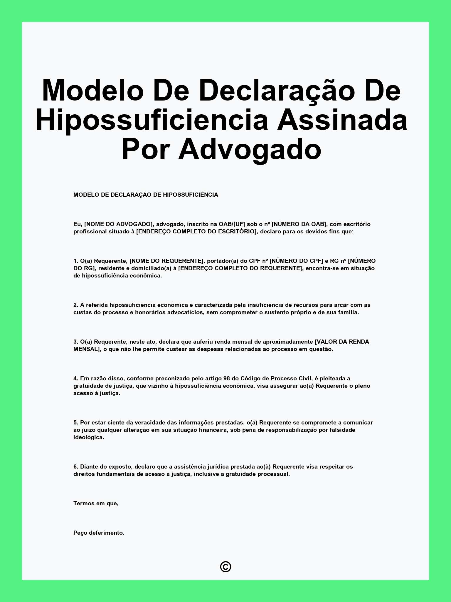 Modelo De Declaração De Hipossuficiencia Assinada Por Advogado