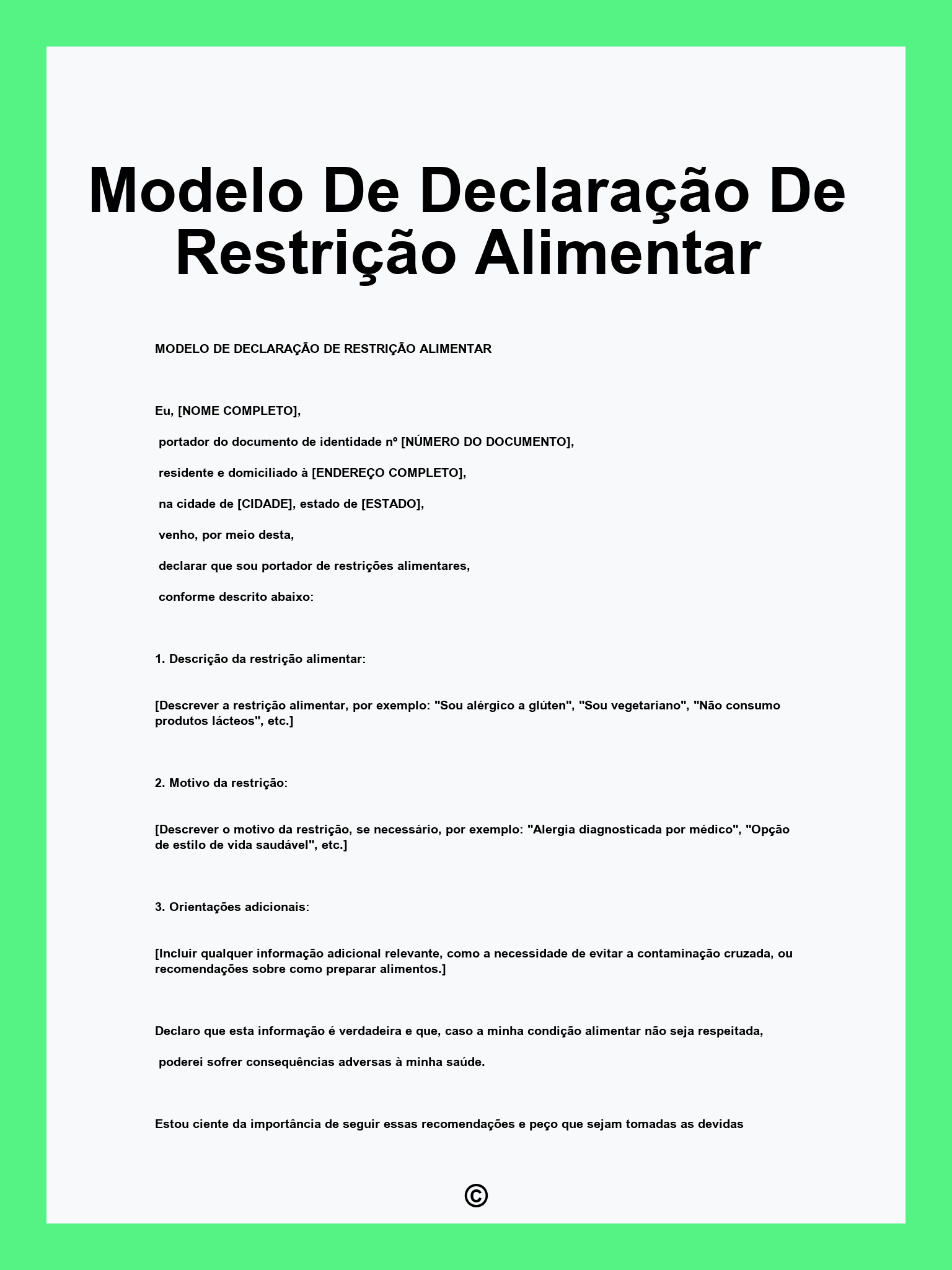 Modelo De Declaração De Restrição Alimentar