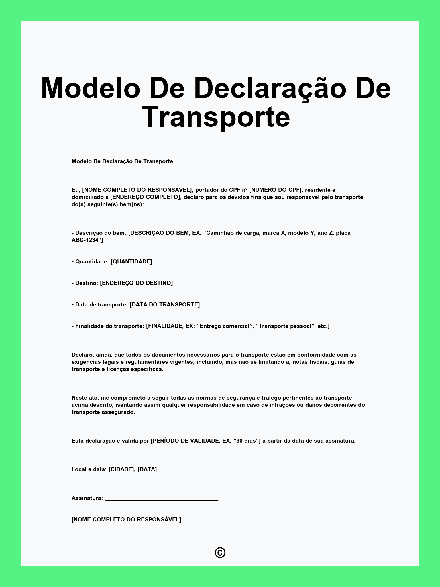 Modelo De Declaração De Transporte