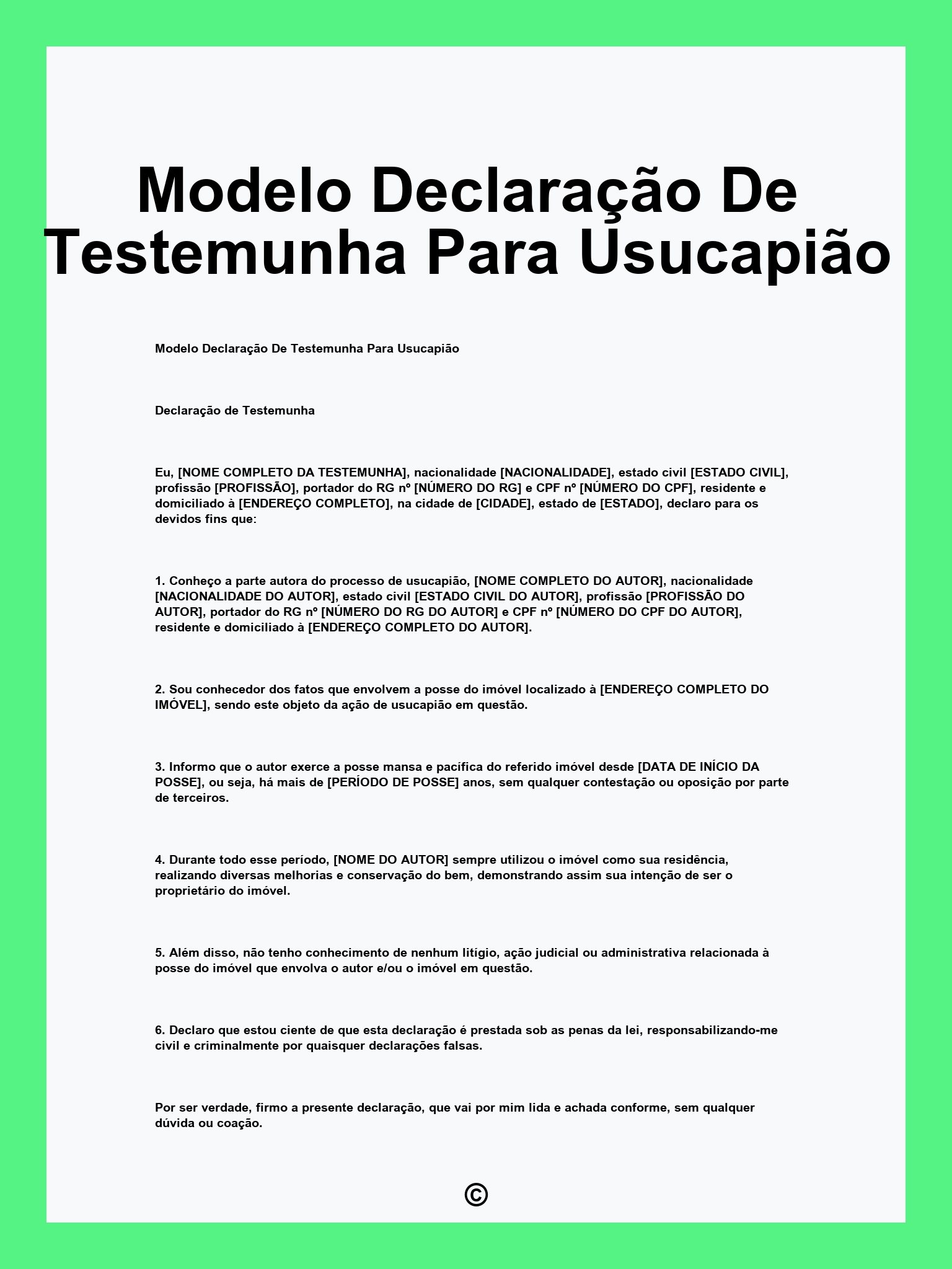 Modelo Declaração De Testemunha Para Usucapião